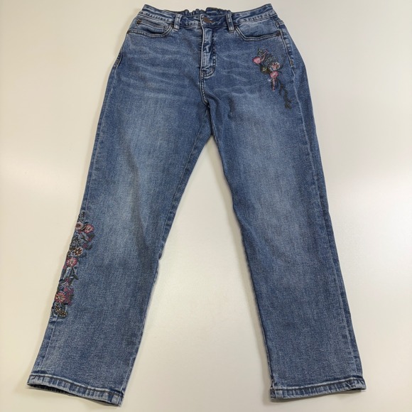 Soft Surroundings Denim - Women's Size 2 Jeans Floral Embroidered Stretch Straight Leg Boho Blue Denim